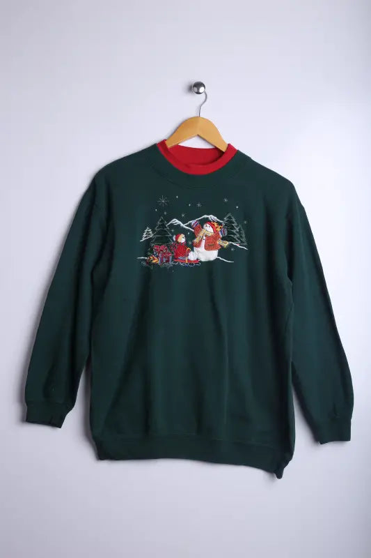 Vintage Snowman Graphic Sweatshirt Green - Cotton