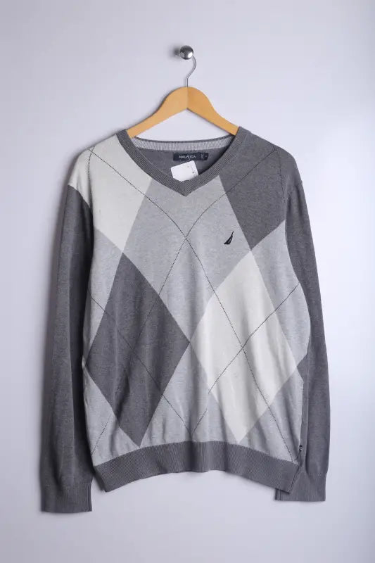 Vintage 90's Nautica Sweater Grey Checkered - Wool